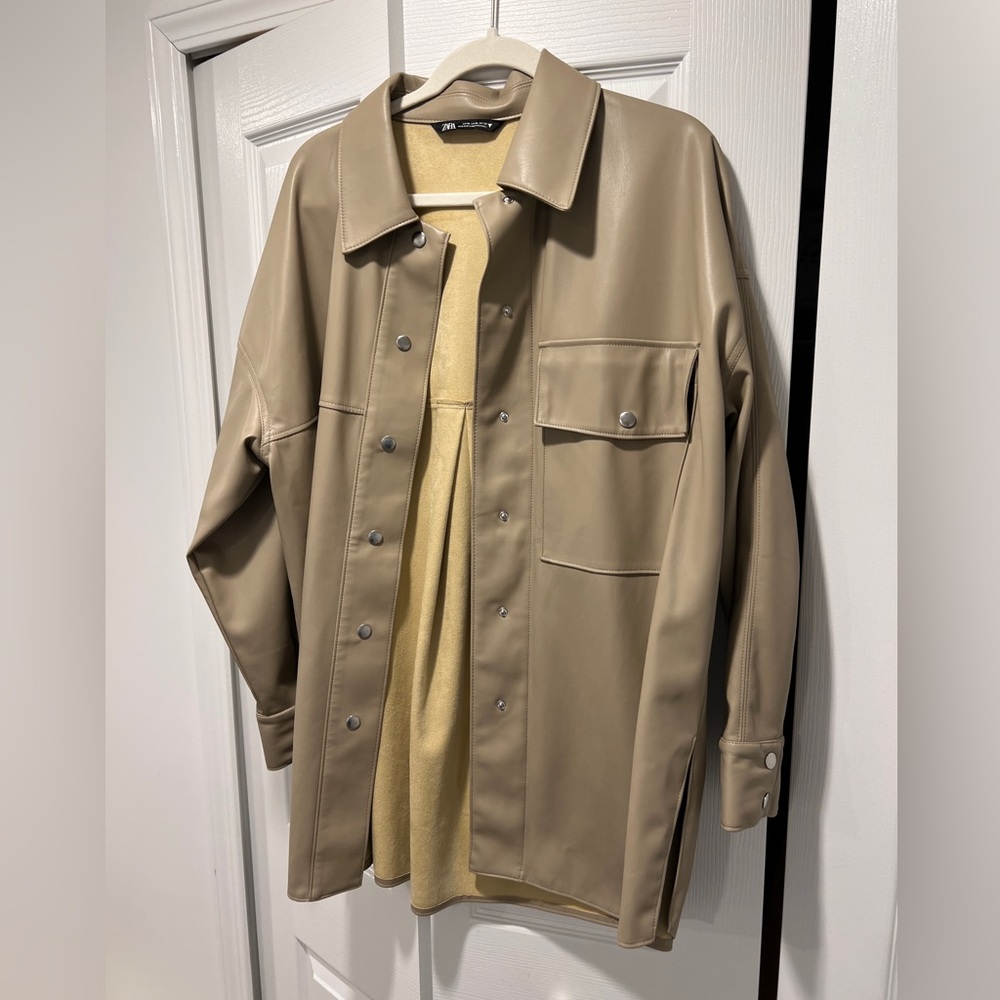 Zara Taupe Vegan Leather Shirt Jacket